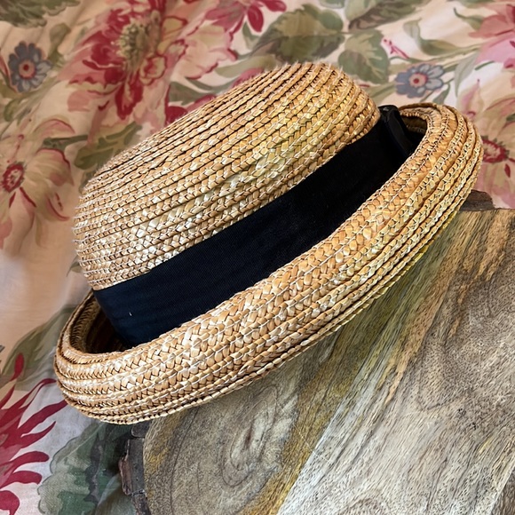 SUNDANCE Woven Straw Hat Curled Brim Black Gross-grain Ribbon Vtg Vibe Feminine - Picture 4 of 16